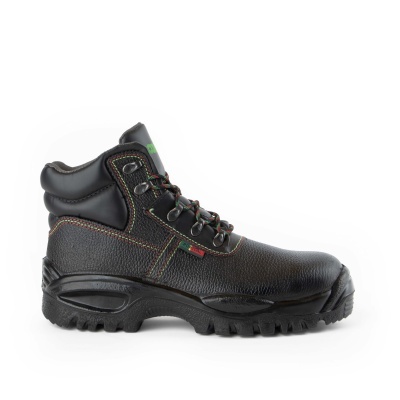 Bota de segurança preta com sola robusta e detalhes coloridos