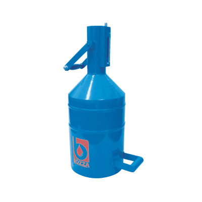 Funil azul metálico com alça lateral e alavanca, logótipo BOZZA