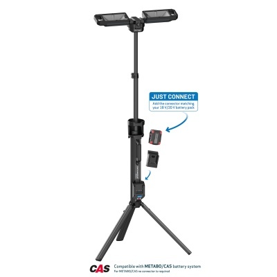 Suporte de tripé preto com encaixe para bateria e texto explicativo