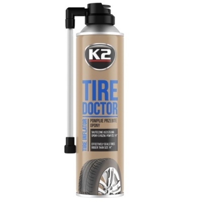Spray reparador de pneus K2 Tire Doctor com tubo aplicador preto e rótulo castanho e azul.