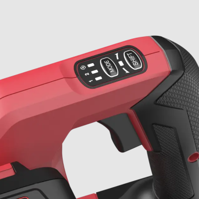 Ferramenta eletrónica vermelha com punho preto e botões MODE e SHIFT