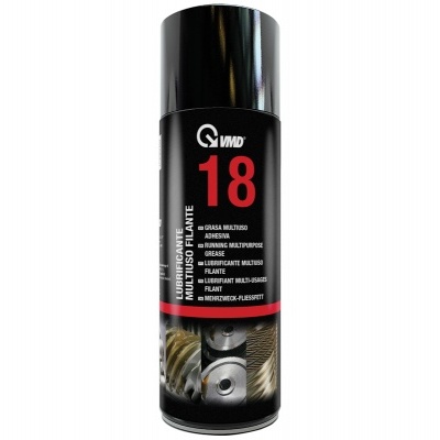 Spray lubrificante multiusos VMD 18 em lata preta com texto em vermelho e branco