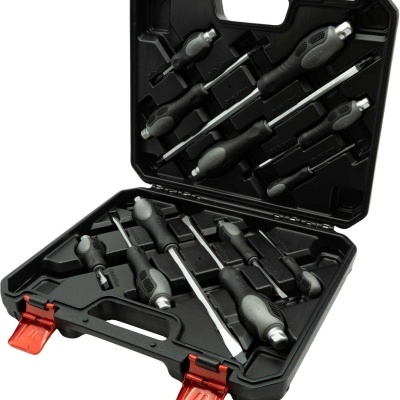 Conjunto de chaves de fendas em estojo preto aberto