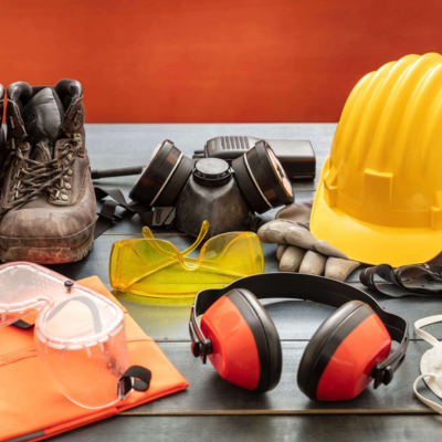 Equipamento de proteção individual incluindo botas, máscara, capacete, óculos, luvas, protetores auriculares e colete.