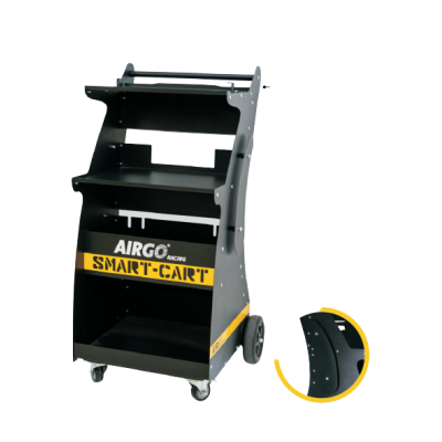 Carrinho de transporte metálico preto com detalhes amarelos e rodas.