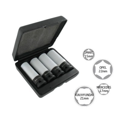 Conjunto de quatro soquetes cromados em caixa preta aberta com tamanhos indicados