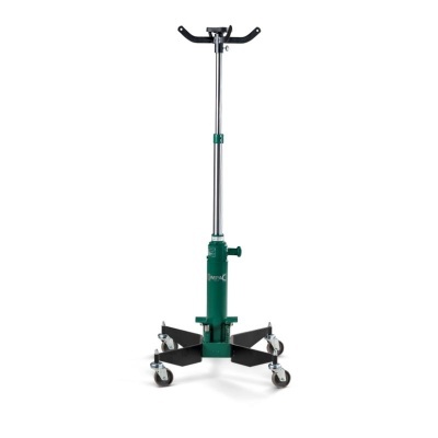 Elevador hidráulico verde com base preta e rodas