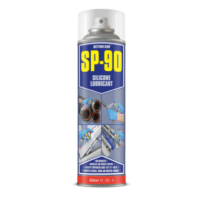 Lata spray de lubrificante de silicone SP-90 com rótulo azul e amarelo
