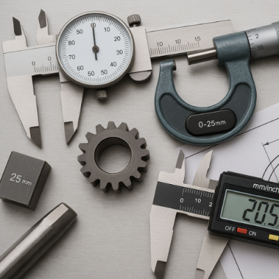 Ferramentas de medição metálicas sobre superfície cinza com papel técnico