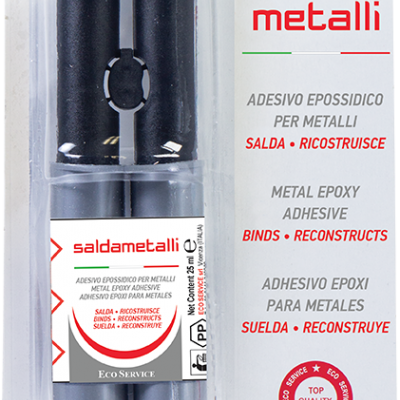 Adesivo epóxi para metais Eco Service salda metalli em embalagem com duas seringas pretas e texto em várias línguas.