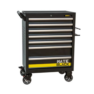 Carrinho de ferramentas preto com sete gavetas e rodas