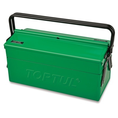 Caixa de ferramentas metálica verde com pega preta e marca TOPTUL.