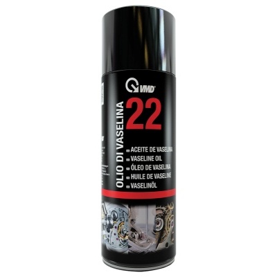 Lata preta e vermelha de óleo de vaselina IMD número 22 com texto e imagem de peças metálicas