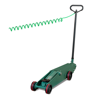 Macaco hidráulico verde escuro com rodas vermelhas e pega preta em formato D