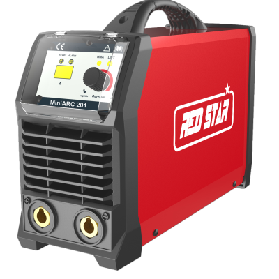 Máquina de soldar MiniARC 201 vermelha e preta com visor digital e botões