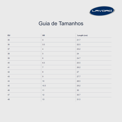 Tabela de guia de tamanhos LAVORO com tamanhos EU, UK e comprimento em cm