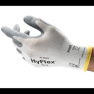 Luva de proteção HyFlex 11-800 branca e cinzenta com punho amarelo