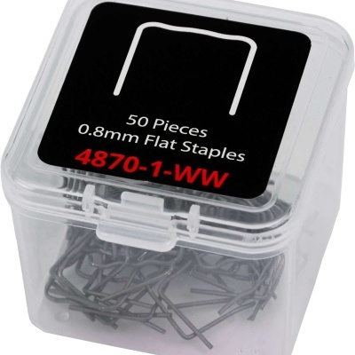 Caixa de grampos metálicos planos 0,8mm com tampa e etiqueta preta com texto