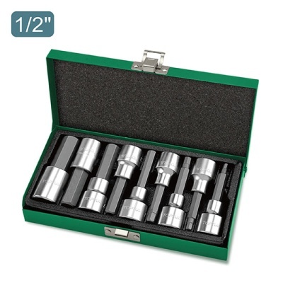 Conjunto de soquetes metálicos em caixa verde com interior preto