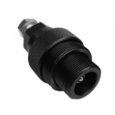 Peça mecânica preta com anel roscado e porca metálica prateada