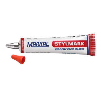 Marcador Stylmark Markal em tubo metálico branco com tampa vermelha destacada