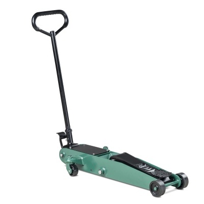 Macaco hidráulico metálico verde com alça e rodas pretas