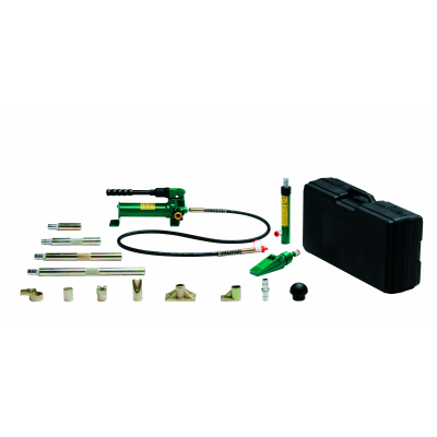 Conjunto de ferramentas hidráulicas com bomba manual, acessórios metálicos e mala preta