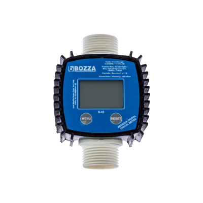 Contador digital de água BOZZA B-32 com visor LCD, botões MENU e RESET, conexões brancas