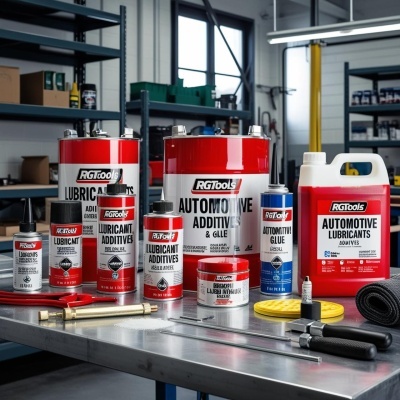 Produtos de lubrificantes automóveis RGTools em bancada de oficina
