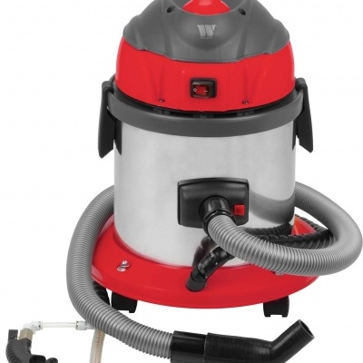 aspirador industrial vermelho e cinza com mangueira cinza flexível e peça metálica