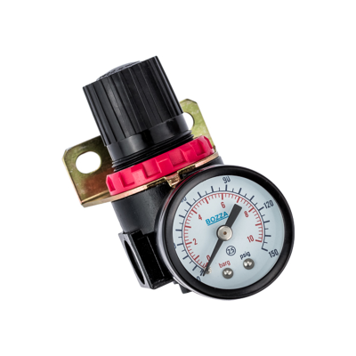 Manómetro com escala de pressão e botão preto com aro vermelho