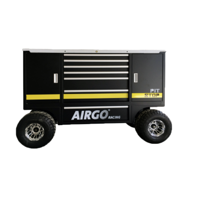 Móvel de oficina preto com gavetas e rodas grandes