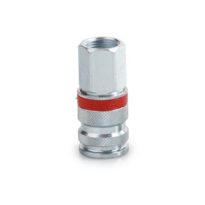 Acoplador rápido metálico prateado com anel vermelho