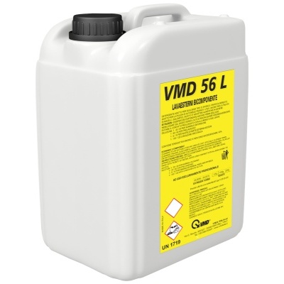 Recipiente branco com tampa preta e etiqueta amarela com texto do produto VMD 56 L Limpaestofos Biocompativel