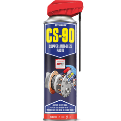 Lata spray CS-90 Copper Anti-Seize Paste com tampa vermelha e rótulo azul e amarelo