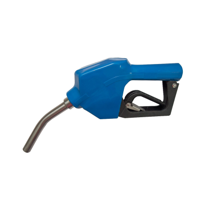 Bocal de abastecimento de combustível azul com bico metálico curvo e gatilho preto