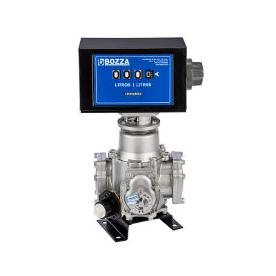 Medidor mecânico Bozza com mostrador azul e estrutura metálica cinza