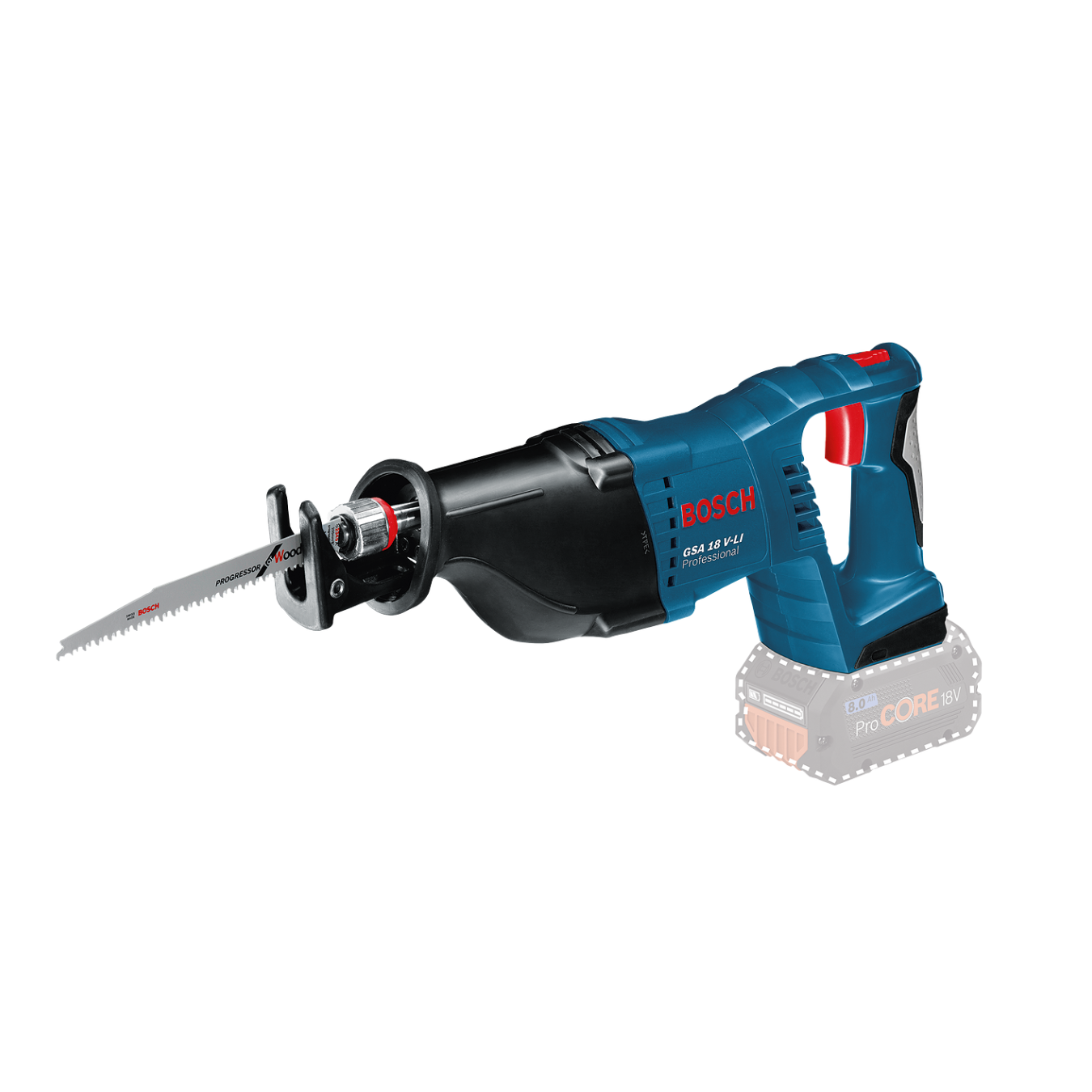 Serra sabre sem fios PRO GSA 18V-LI Serra recíproca sem fio BOSCH azul, preto e vermelho com lâmina dentada