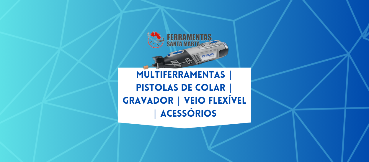 Banner com texto sobre ferramentas em fundo azul geométrico