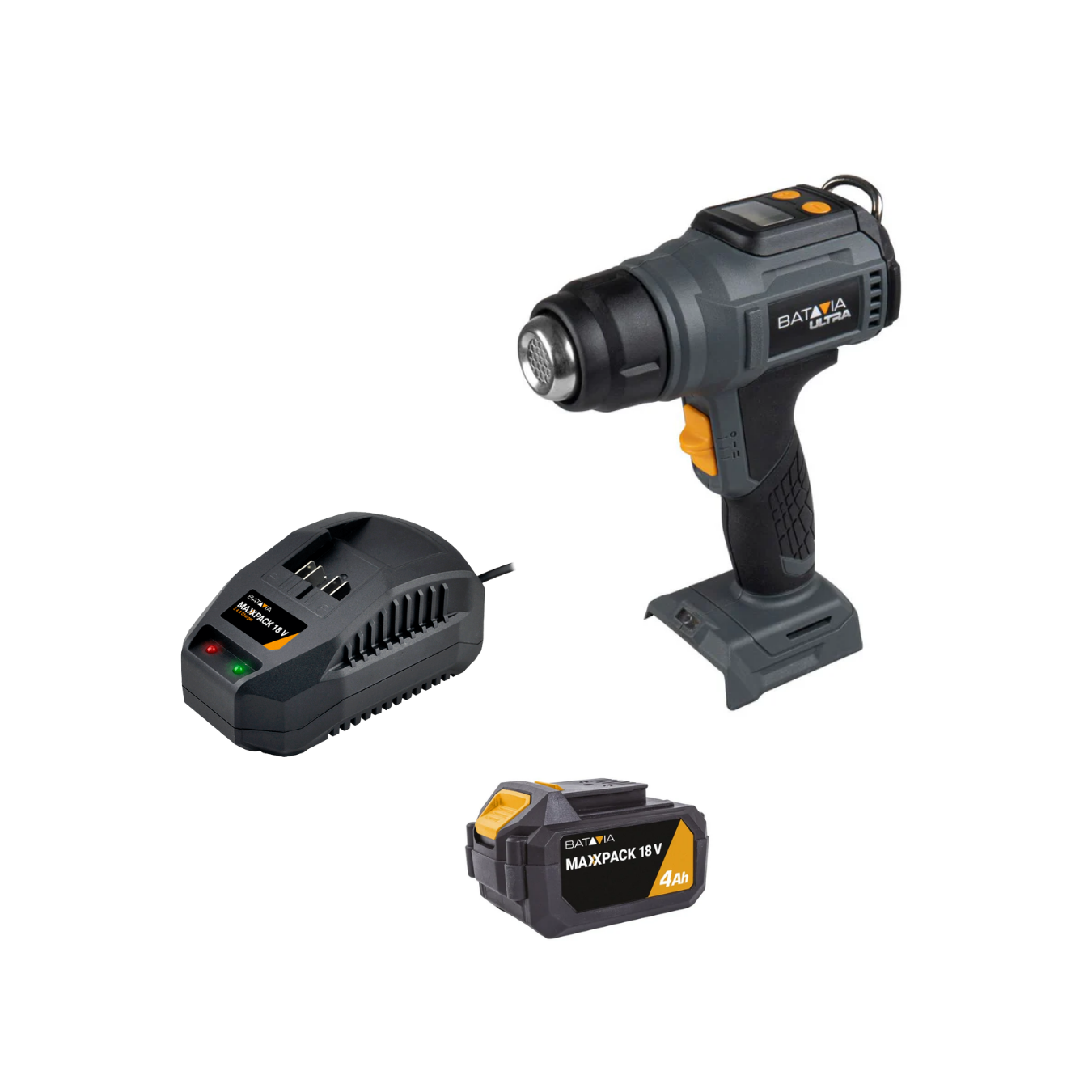 Soprador de ar quente sem fio Maxxpack Ultra 18V c/ bateria 4AH+carregador rapido 18v4.5AH Pistola de ar quente cinza e preta com bateria e carregador