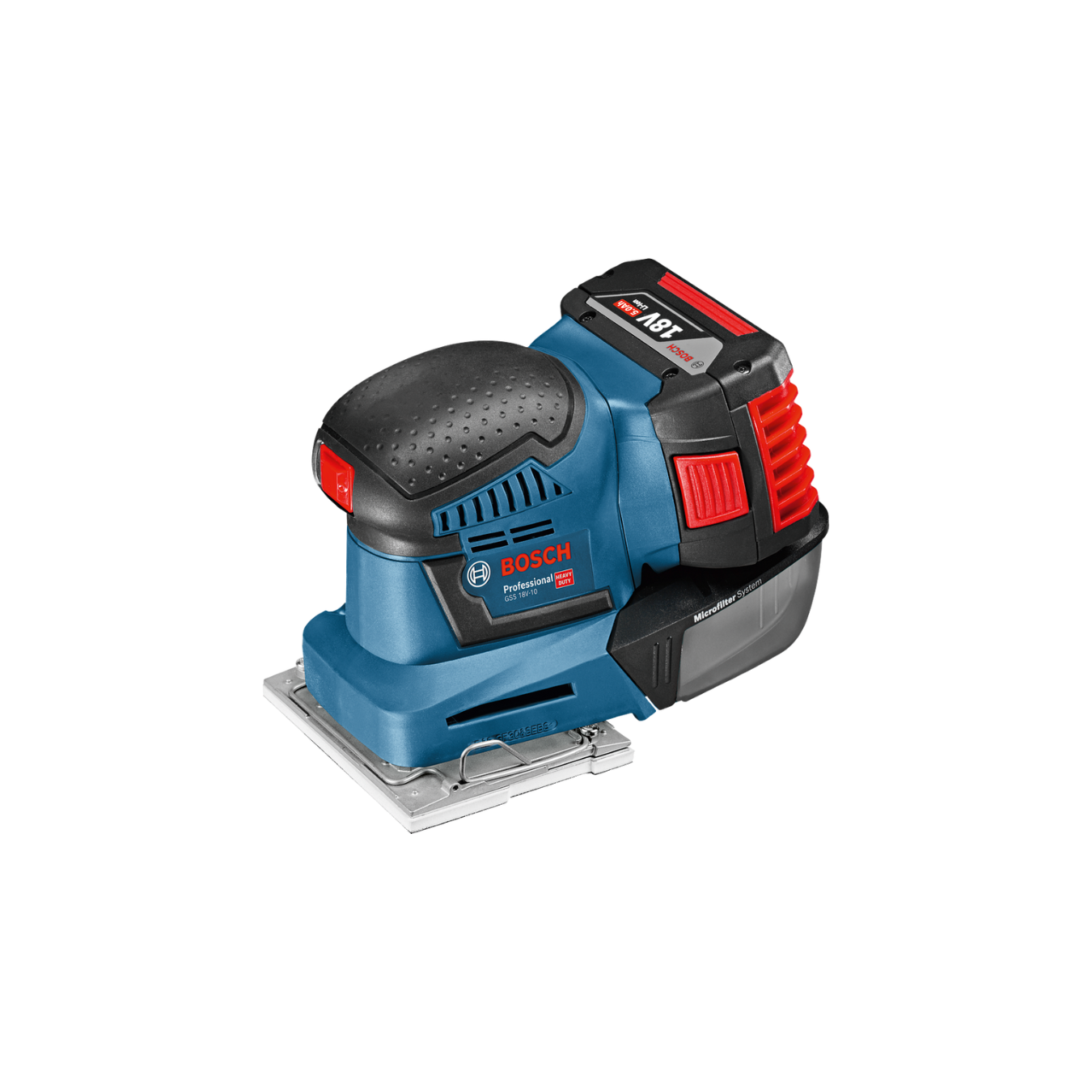 LIXADEIRA VIBRATÓRIA SEM FIO GSS 18V-10 PROFESSIONAL Lixadora elétrica Bosch Professional azul, preta e vermelha com bateria 18V.