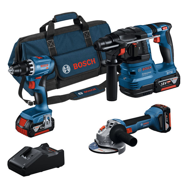 Aparafusadora GSR 18V-45 + Martelo perfurador GBH 18V-22 + Rebarbadora GWS 18V-8 + bolsa (KIT sem fios PRO 18V BOSCH) Conjunto de ferramentas Bosch com bateria e saco de transporte
