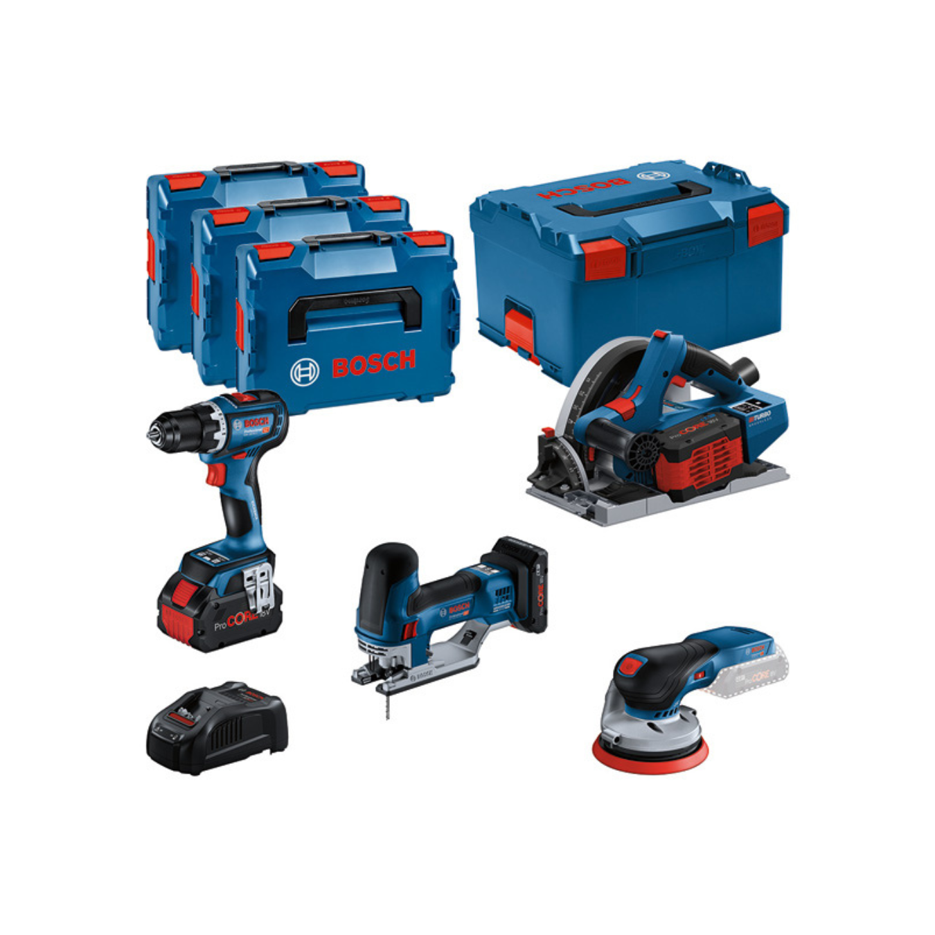 Aparafusadora + Lixadeira excêntrica + Serra vertical + Serra de imersão (KIT 18V BOSCH) Ferramentas elétricas Bosch azuis, pretas e vermelhas com caixas de ferramentas