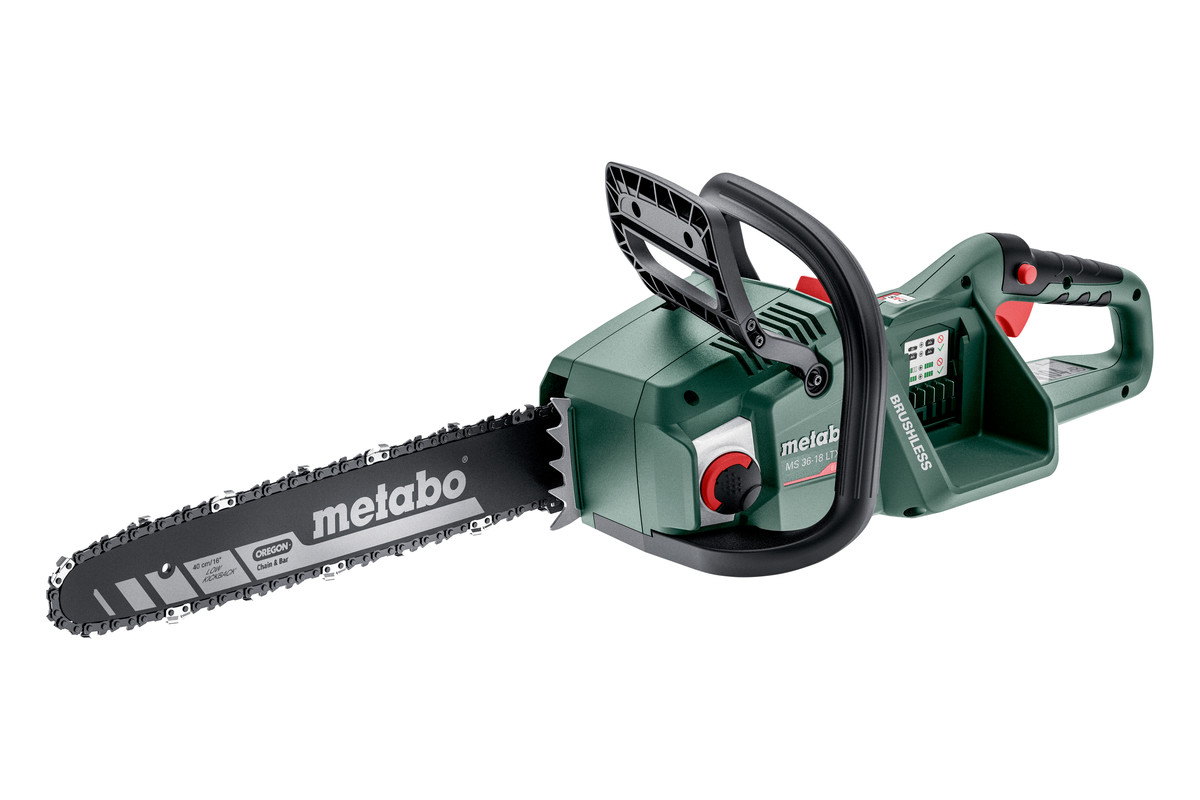 Motosserra sem fio MS 36-18 LTX BL 40 motosserra elétrica Metabo verde e preta com corrente metálica