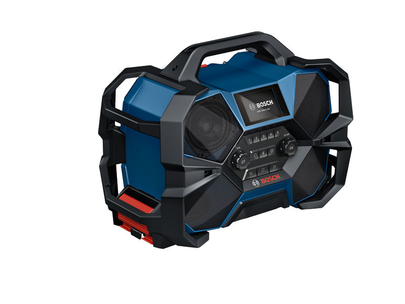 Aparelho de som portátil Bosch preto e azul com visor digital