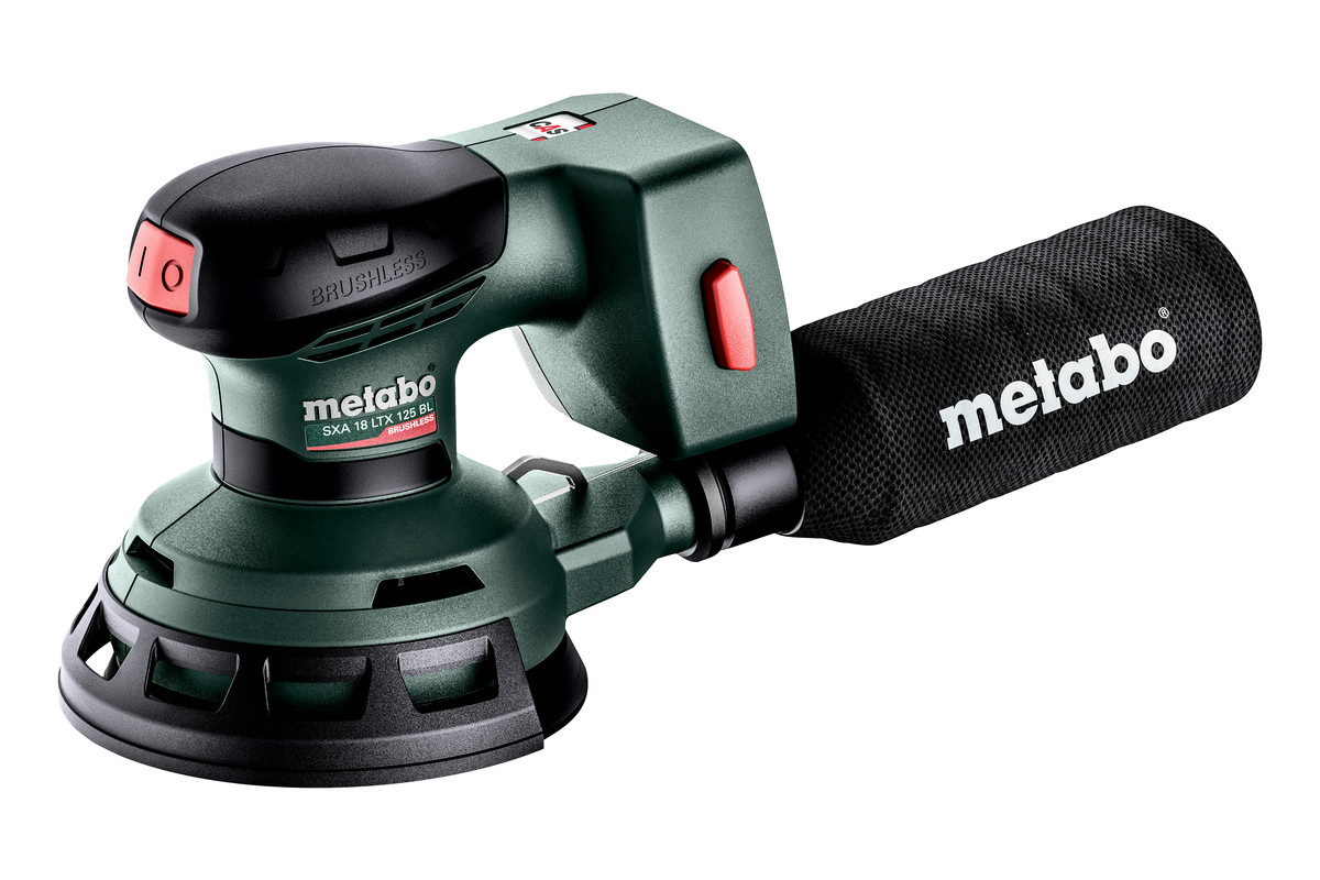 Lixadeira de disco orbital sem fio SXA 18 LTX 125 BL Lixadora elétrica Metabo verde e preta com saco coletor preto marcado