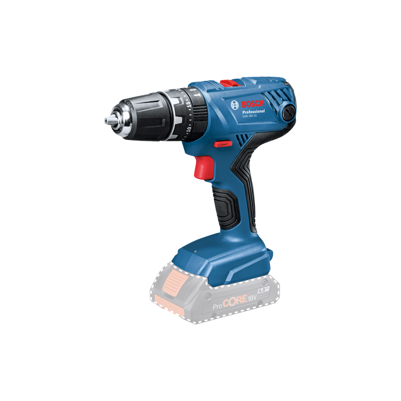 Berbequim sem fio GSB 18V-21 Aparafusadora Bosch Professional azul e preta com bateria destacada em transparência.