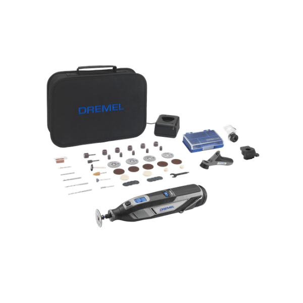 Multiferramenta DREMEL 8240 (3fixações/45acessórios) Conjunto de ferramenta rotativa DREMEL com acessórios e estojo preto.