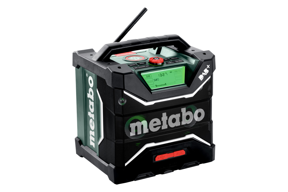 Rádio de estaleiro sem fio RC 12-18 32W BT DAB+ Rádio portátil Metabo preto e verde com antena e visor digital