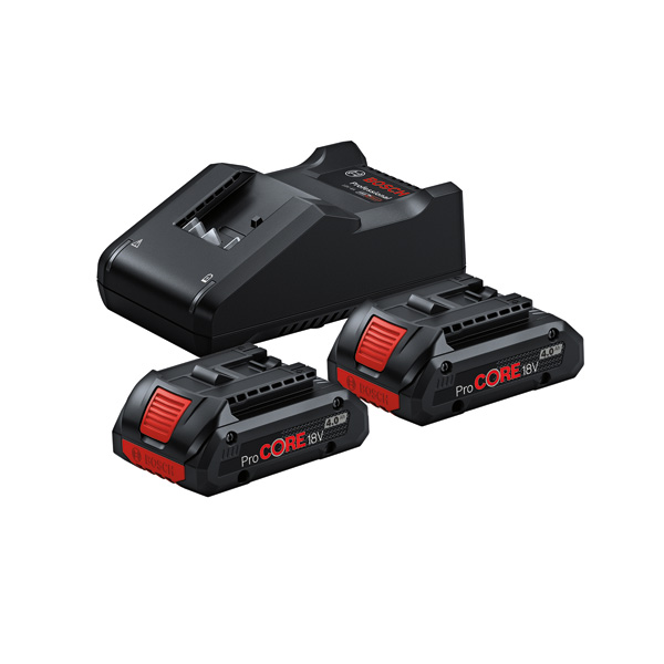 Carregador e duas baterias ProCORE 18 V negras com detalhes vermelhos